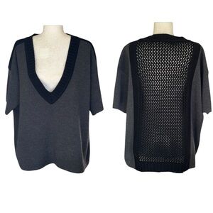 Label + Thread Charcoal Gray & Black Colorblock Crochet Mesh V-Neck Sweater - L